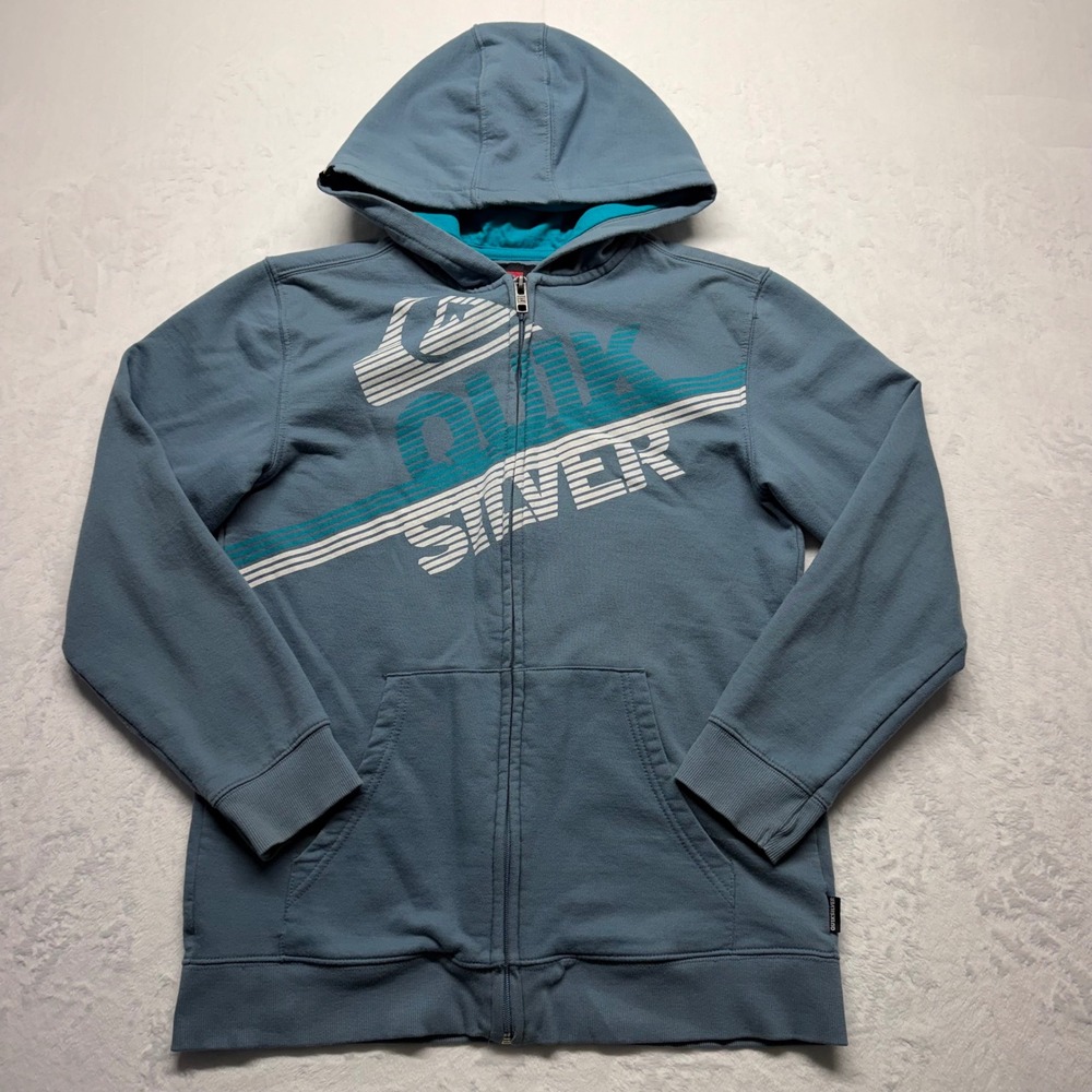 Quiksilver Hoodie L Blue Gray Full Zip Graphic Y2K Surf Skate Mens Sweatshirt